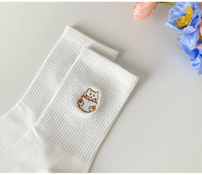 5 Pairs of White Women's Embroidered Socks for All Seasons Cotton Socks Mid-high Tube Student Cartoon Sports Socks
