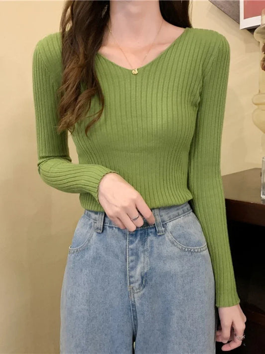 2025 einfarbig Schlank Pullover Koreanische Herbst Winter V-ausschnitt Pullover Mode Lässig Langarm Gestrickte Pullover Frauen Kleidung