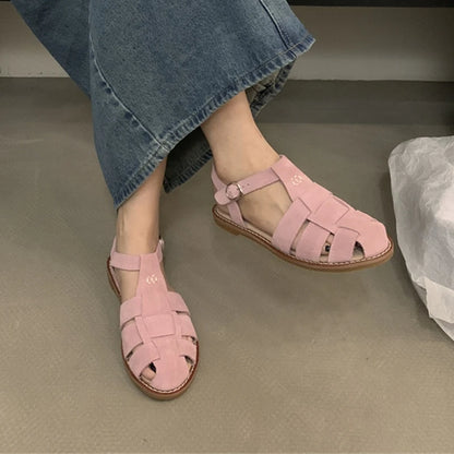 DIMANYU Women's Roman Sandals 2023 Summer New Flat Retro Real Leather Ladies Sandals Hollowed Women's Cage Shoes.