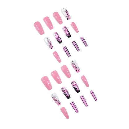 24pcs/set Medium long square fake nails for women girls cute heart flowers feather butterfly design press on false nail art tips