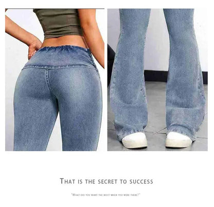 Sexy Peach Hip Jeans Women's Tight Elastic Trousers Slimming Booty Lifting High-Waisted Micro Bell Bottom Pants.