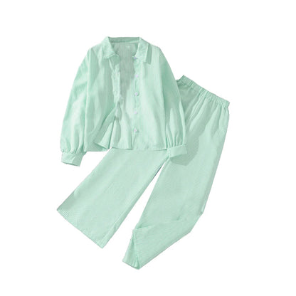 Spring Hot Sale Kids Outfit 4-12 Years Girls Striped Long Sleeve Chemise + Casual Loose Straight Leg Pants Shirt Suit 2Pcs Set