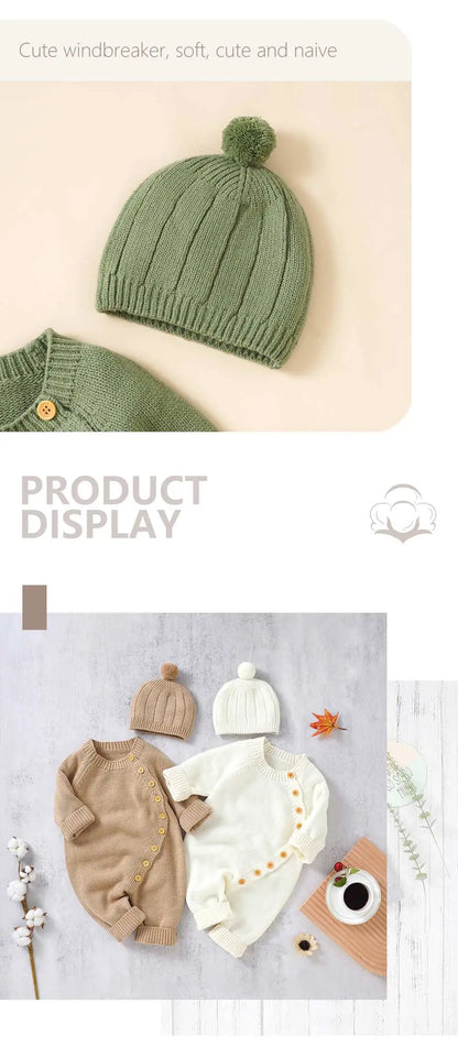 Baby Rompers Knitted Autumn Long Sleeve Newborn Boys Girls Jumpsuits Hats Outfits Sets Winter Solid Infant Netural Overall 0-18m