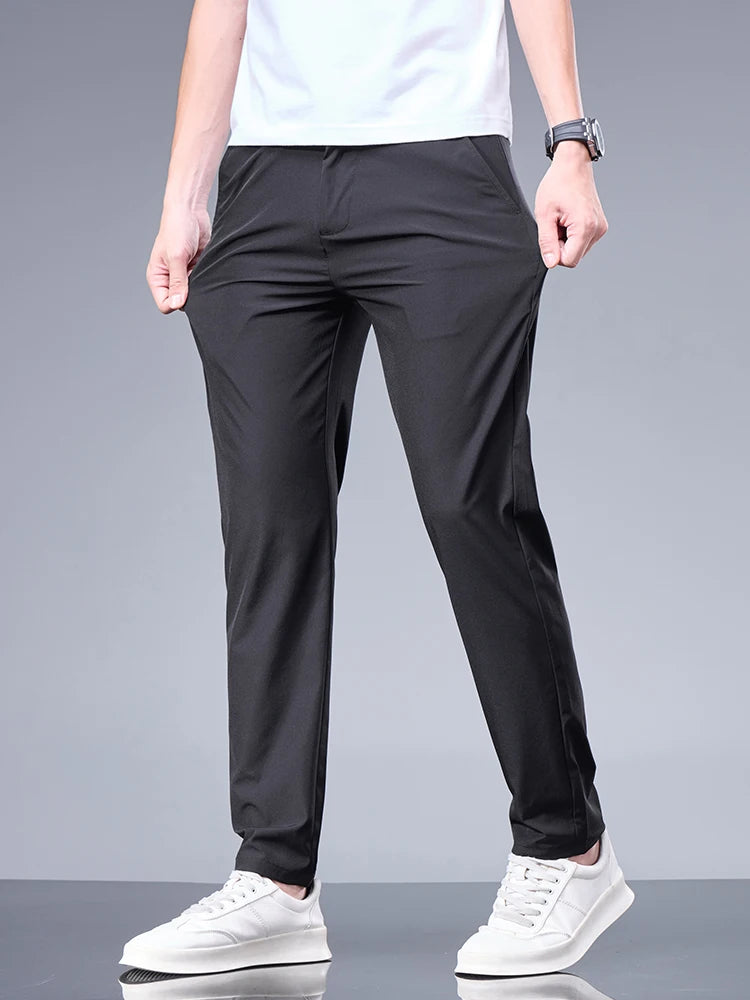 Summer New Business Ice Silk Pants Straight Elastic Waist Black Gray Trousers Breathable Simple Male Clothing Casual Suit Pants
