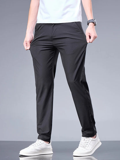 Summer New Business Ice Silk Pants Straight Elastic Waist Black Gray Trousers Breathable Simple Male Clothing Casual Suit Pants
