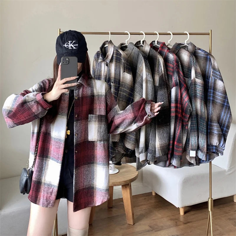 Zjaiss Women Thick Woolen Plaid Blouse Loose Long Sleeved Tops 2025 Autumn Winter New Casual Shirt Long Shirts.