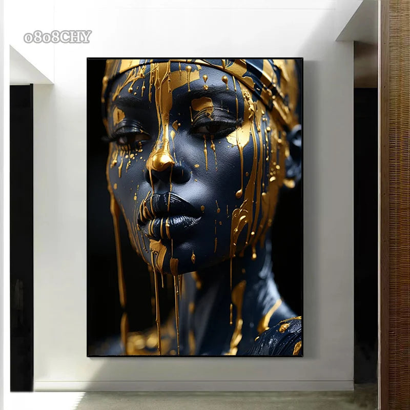 Golden Radiant African Beauty Art Posters Print Canvas Painting Modern Fashion Portrait Wall Art Mural for Liivng Room Decor.