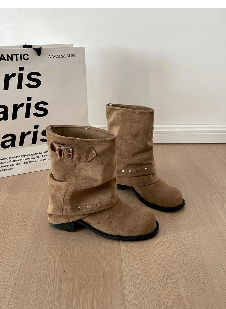 Winter Pleated Women Western Ankle Boots Fashion Rivet Belt Buckle Shoes Ladies Concise Vintage Thick Heel Short Booties