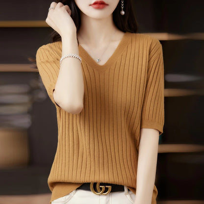 Frauen Pullover Frühling Sommer Kurzarm V-ausschnitt Strick Hemd Casual Koreanische Pullover Streifen Bodenbildung Shirt Slim Fit Jumper