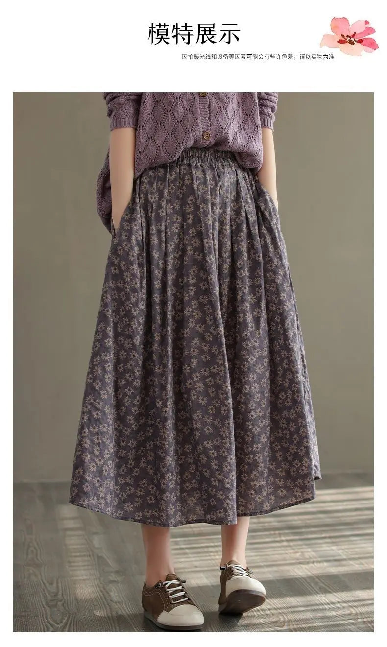 Women Casual Skirts New Arrival 2023 Autumn Vintage Style Floral Print Loose Comfortable Ladies Elegant A-line Long Skirt D536.
