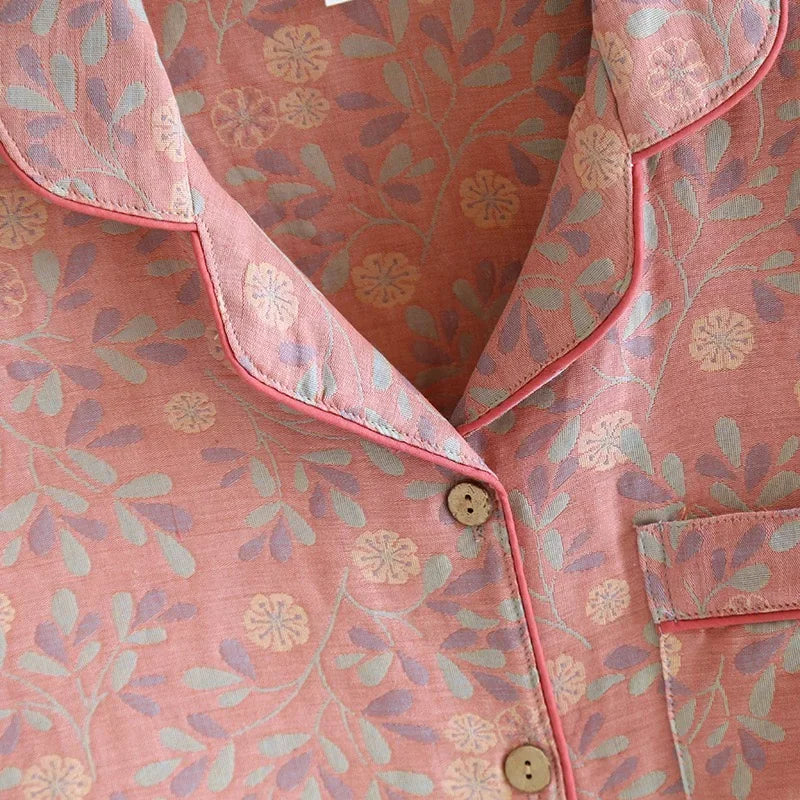 100% Cotton Crepe Homeclothes 2023 Autumn/Winter Women's Pajamas Suit Long-Sleeved Trousers 2-piece Yarn-Dyed Jacquard Pajamas