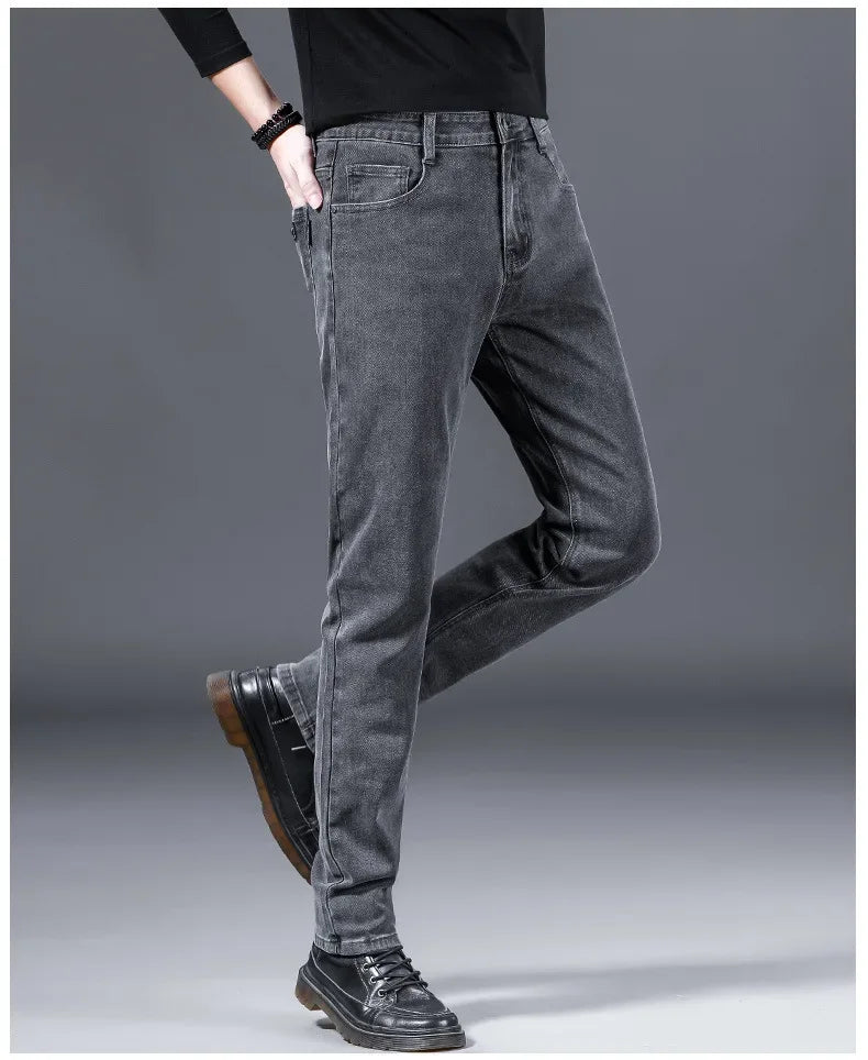 Loose Casual Jeans for Men Mid-aged Thick Winter Long Pants Business Style Straight Leg Spring Autumn Korean Version