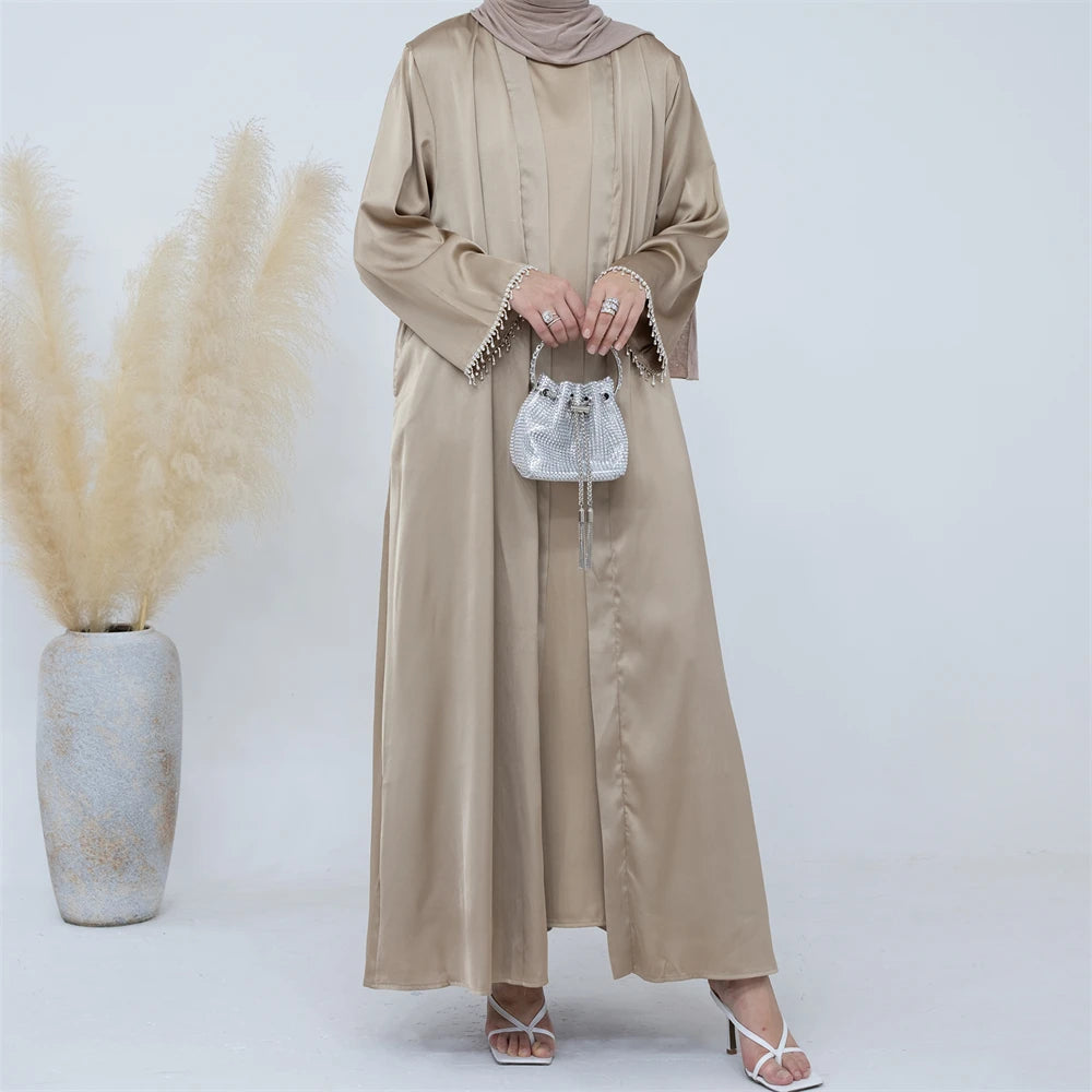 Ramadan Kebaya Chain Satin Kimono 2 Piece Abaya Set Turkey Islam Dress Muslim Sets Abayas For Women Robe Femme Musulmane Kaftan.