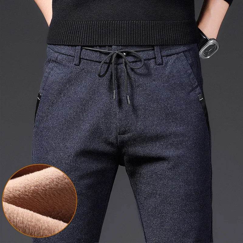 Winter Plush Trousers Men Business Fleece Pants Fashion Warm Drawstring Velvet Thick Casual Stretch Male Clothes 28-29