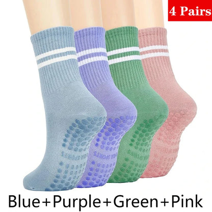 4 Pairs Yoga Socks for Women Professional Non-slip Silicone Mid-tube Pilates Socks Indoor Fitness Gym Dance Sports Floor Socks