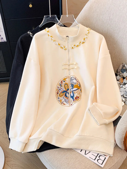 150kg Plus Size Damen büste Frühling Herbst lose neue chinesische Stil Sweatshirt lang ärmel ige geknöpfte Top 5xl 6xl 7xl 8xl 9xl