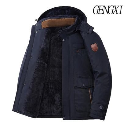 New Autumn/Winter Men's Fleece-Lined Thickened Cotton Coat Casual Vintage Workwear Jacket with Detachable Hood Multiple Pockets.