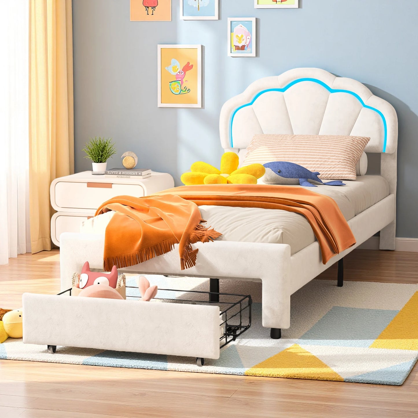 Rosahqnda gepolsterter Bettrahmen mit blumenförmigem Kopfteil, Bettrahmen, Einzelbett, Blütenblattbett, Jugendbett für Jungen und Mädchen