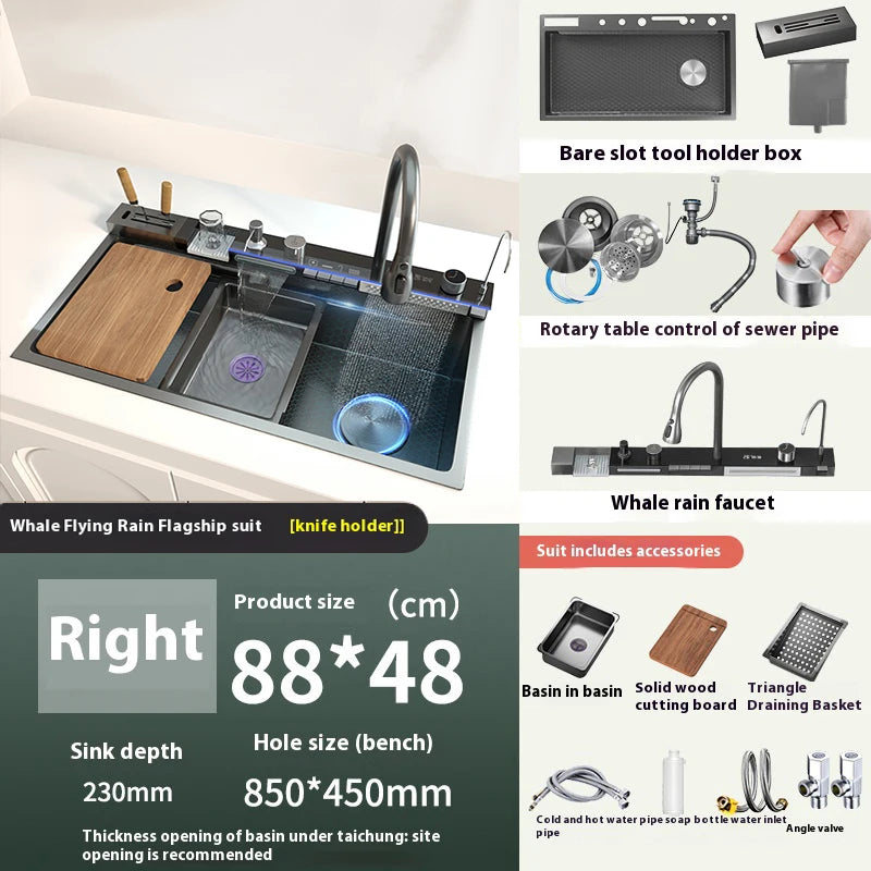 100x50cm Waterfall Kitchen Sink Stainless Steel Extra Large Single Bowl Digital Display Multifunctional Dishwashing Sinks