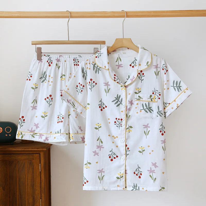 Japanische einfache kurze Pyjamas Frauen 100 % Baumwolle kurze Ärmel Damen Pyjama Sets Shorts süße Cartoon Nachtwäsche Frauen Homewear