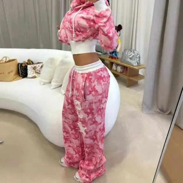 Y2K Fashion Pink Letter Graphic Zipper Sportswear Clothes Women's Casual Short Top Set Sweatshirt Loose Sport Pants.