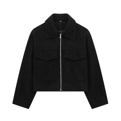 TRZA Frauen Mode Patch Taschen Mit Klappen Abgeschnitten Jacke Mantel Vintage Langarm Front Zipper Weibliche Oberbekleidung Chic Tops
