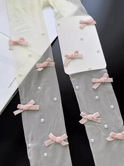 Y2K Velvet Bow Embroidery Pearl Tights Pantyhose Fashionable Simple Female Stockings JK Styles Cute Sweet Girls Chic Stocking.