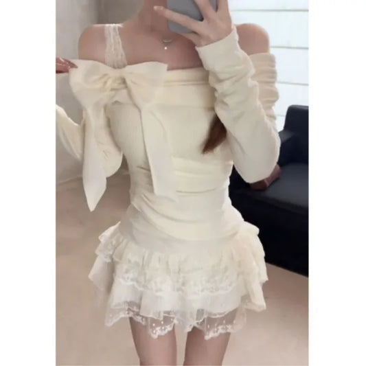 Morning Collar French Style One Shoulder Butterfly Knot Long Sleeve T-Shirt Women's Autumn Winter Slim Fit Inner Wear Top.
