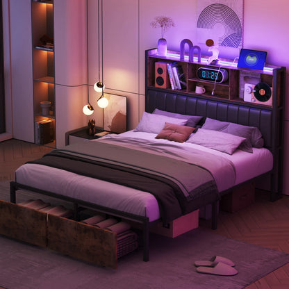 Lazyspace Bettgestell mit Schubladen 140 x 200 cm, gepolstertes Bett mit Lattenrost, Doppelbett mit LED-Kopfteil, Lattenrost aus Metall