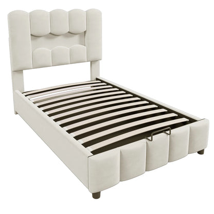 Modernes Polsterbett, 90 x 200 cm, ohne Matratze, LED-Beleuchtung, mit hydraulischem Gerät, verstellbarer Kopfteil, Samt, Grau