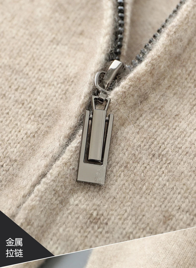 100% Merino Wool Men's Warm Sweater Mock Collar Thickened Zippered Cardigan Autumn Winter New Cashmere Knitted Long Sleeve Tops.