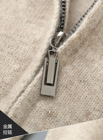 100% Merino Wool Men's Warm Sweater Mock Collar Thickened Zippered Cardigan Autumn Winter New Cashmere Knitted Long Sleeve Tops.