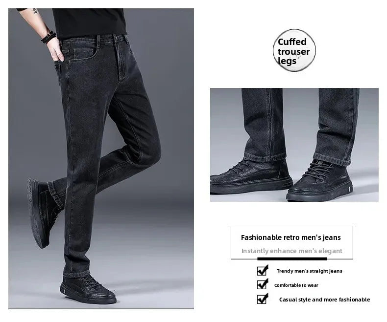 Loose Casual Jeans for Men Mid-aged Thick Winter Long Pants Business Style Straight Leg Spring Autumn Korean Version