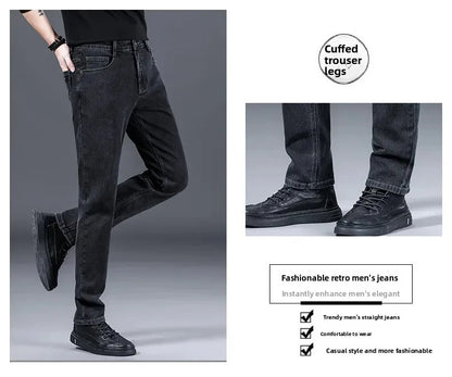 Loose Casual Jeans for Men Mid-aged Thick Winter Long Pants Business Style Straight Leg Spring Autumn Korean Version