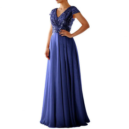 Elegantes Pailletten Chiffon Kleid für Frauen V-Ausschnitt Plissee Saum weibliche Pailletten Chiffon Abschluss ball Cocktail langes Kleid Hochzeit Abendkleid.