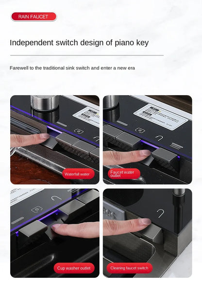 Wasserfall-Küchenspüle aus Edelstahl 304, großes Einzelschlitz-Wasserhahn-Set mit integrierter Digitalanzeige, Seifenspender, Tassenwascher