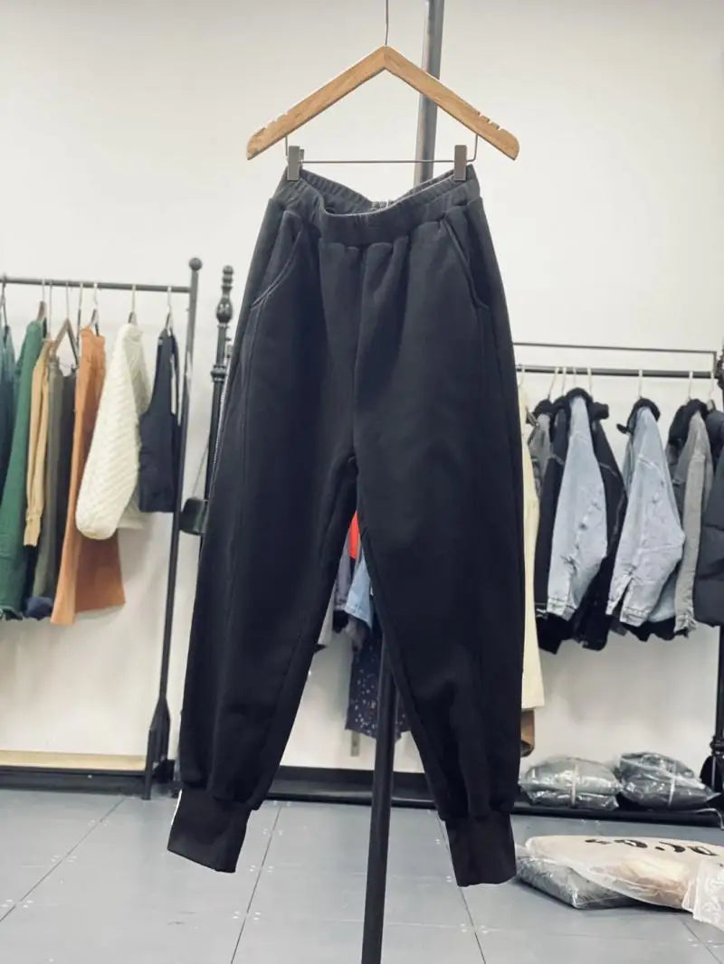 Autumn/Winter 150kg American Retro Cuffed Casual Trousers Men's Korean Slimming Patchwork Fleece-lined Harem Trousers Sweatpants