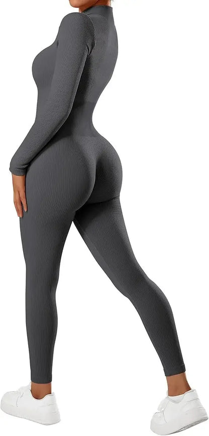 Seamless Long Sleeve Yoga Suit Waist-Fitted Shaping Trousers Casual Sports One-Piece Zippered Fitness Wear