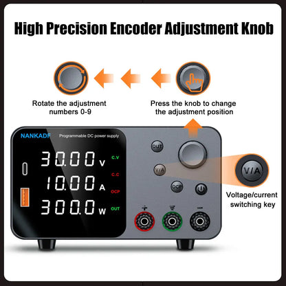 NANKADF DC laboratory power supply 30V 10A bench power supply encoder regulates voltage and current Dual input voltage 220V/110V.