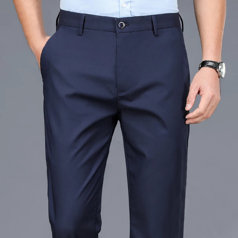 Male Smart Casual Pants Stretchy Sports Men's Fast Dry Trousers Spring Autumn Full Length Straight Office Black Navy Work Pants.