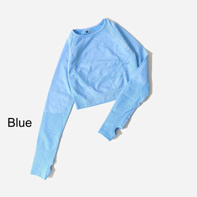 Women Seamless Long Sleeve Crop Top Yoga Shirts with Thumb Hole Running Fitness Workout Gym Sports Top Shirts Sportswear