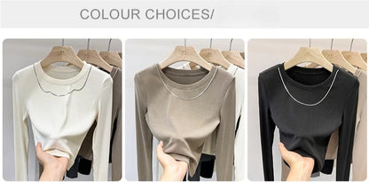 Women Trendy Chain Link Autumn Fashion Slim Fit Cropped T-shirts 2025 Long Sleeve T-shirt Solid Simple Base Layer Crop Tops.