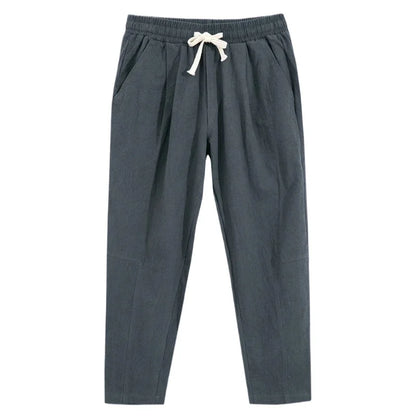 Mens Lightweight Cotton Pants Casual Solid Color Sweatpants Straight Drawstring Baggy Streetwear Breathable Ninth Pants.