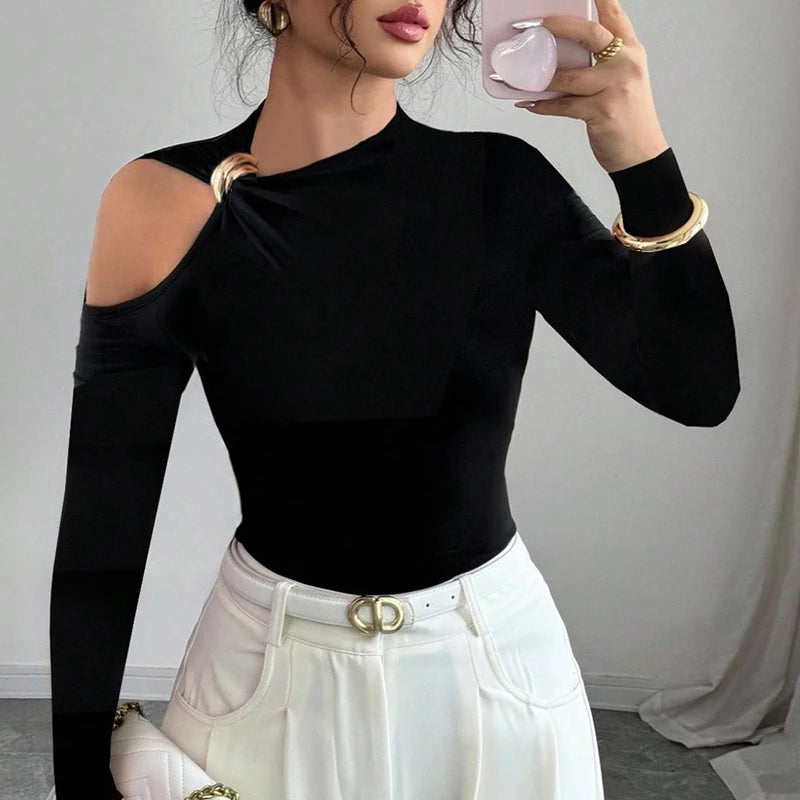 Fashion Women Blouses Sexy Cold Shoulder Skinny Top Elegant Long Sleeve Shirt Women Sexy Tops Female All Match Shirt Black.