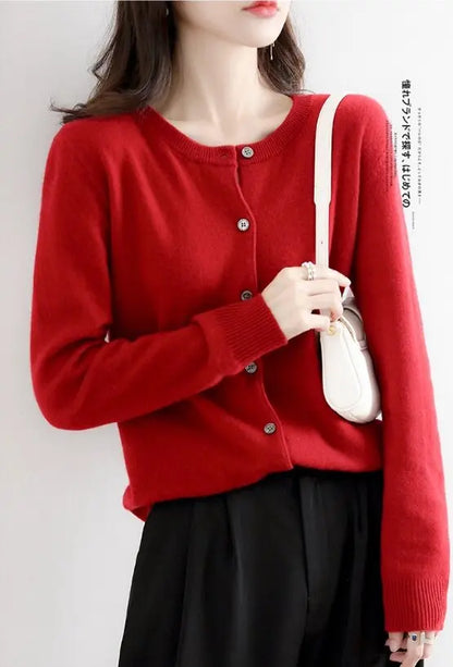 Women Knitted Cardigans Autumn Winter 2025 Round Neck Casual Long Sleeve Tops Solid Basic Soft Sweaters Female.