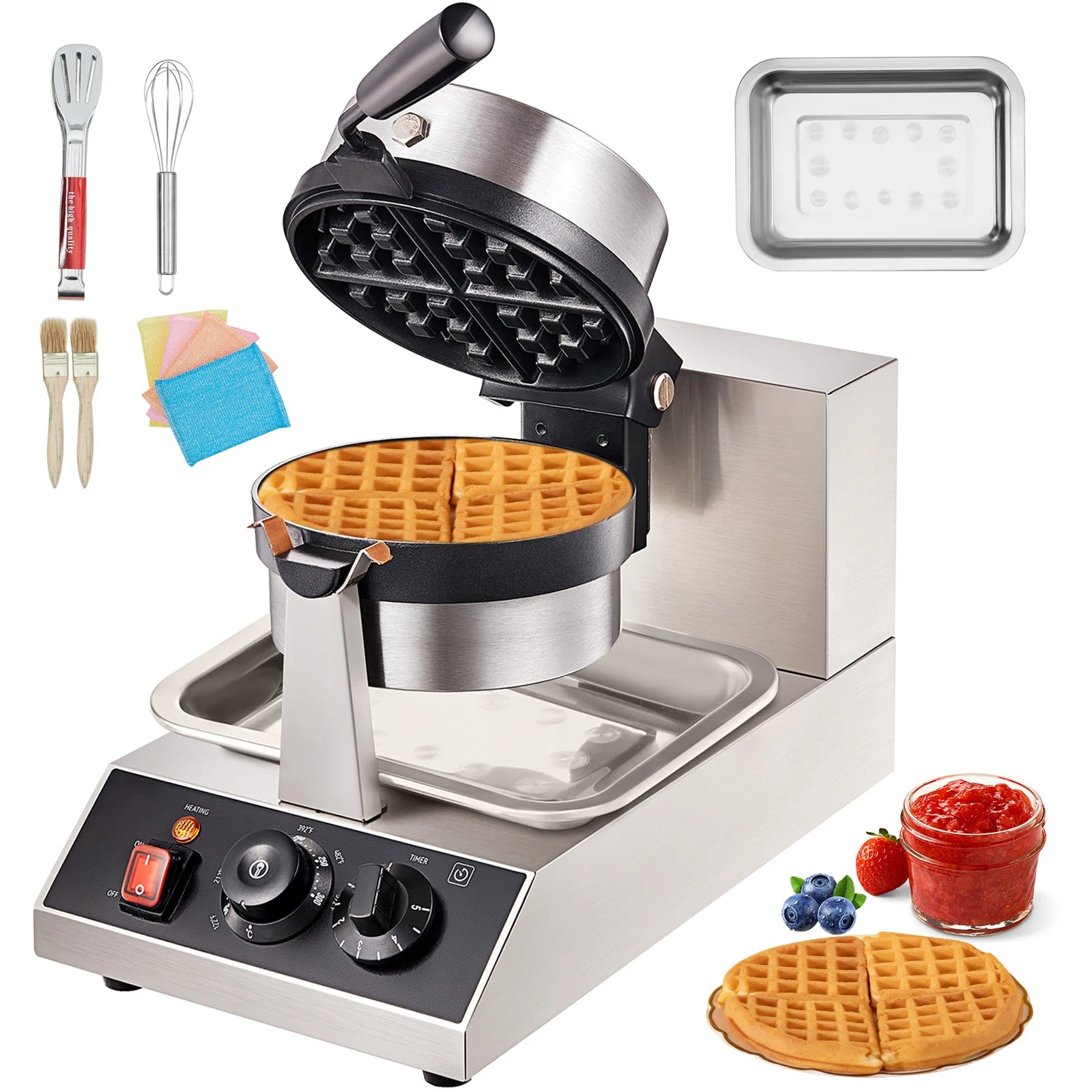 SucceBuy Electric Waffle Maker Stainless Steel Round Waffle Iron Non-Stick Waffle Baker Machine Teflon-Coated Baking Pans.