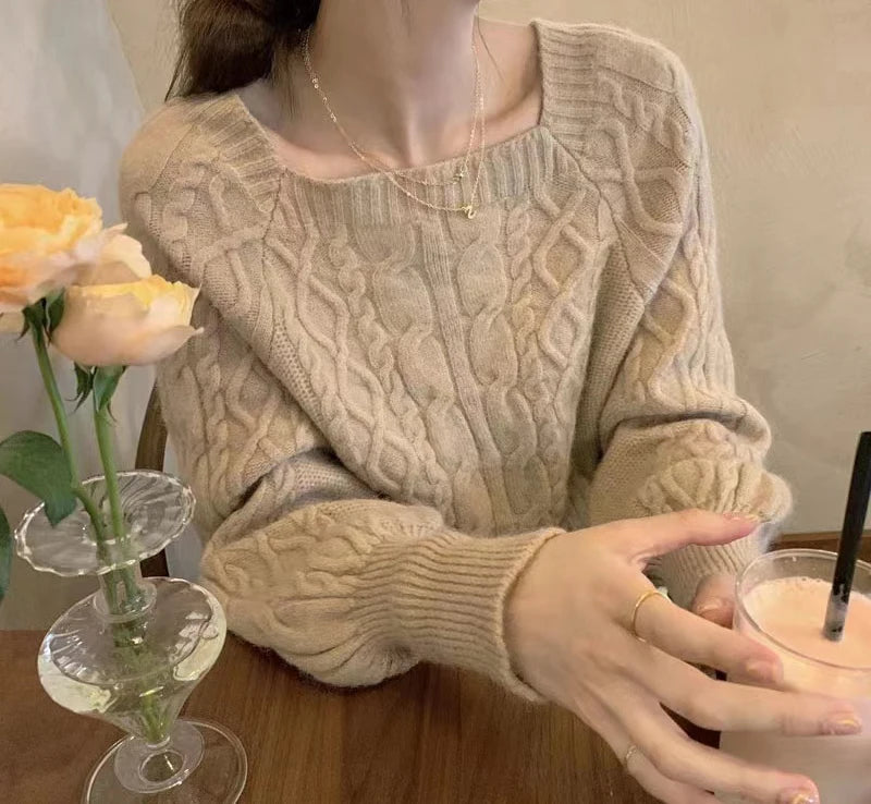 Frauen Square Neck Verdicken Rippe Pullover Laterne Hülse Lose Büro Stricken Pullover Frauen Herbst Winter Casual Feste Warme Pullover.