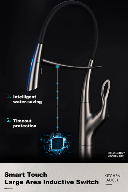 Luxuriöser Küchenarmatur aus grauem Messing in Gun-Grau mit intelligentem Touch-Design. Einhebelmischer für heißes und kaltes Wasser mit magnetischer Saugkraft
