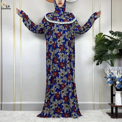 Muslim Ramadan Prayer For Women Long Sleeved Floral 2023Dubai Turkey Middle East Femme Loose Robe African Abayas Headscarf Dress.