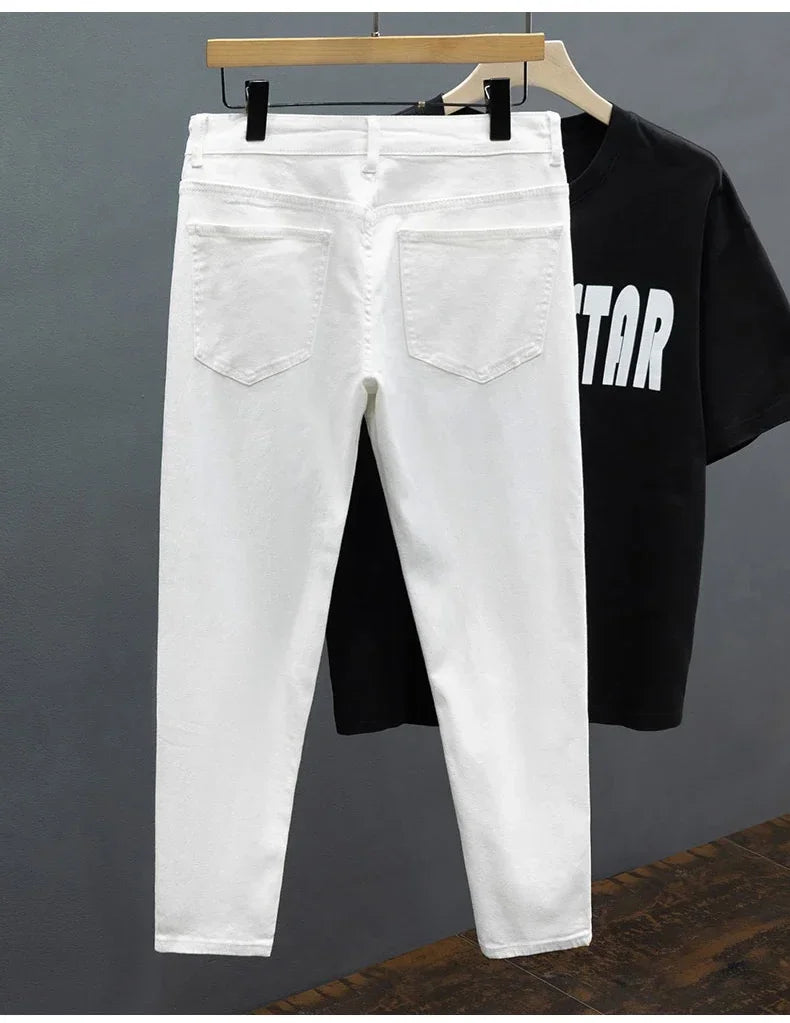 White Jeans Men's Slim Straight Ankle-length Soft Comfort Elastic Denim Trousers Fashion Korean Basic Casual Pencil Pants.
